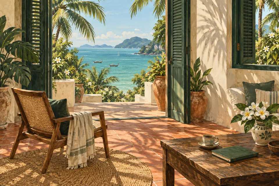 Editorial illustration of a quiet tropical veranda overlooking the sea