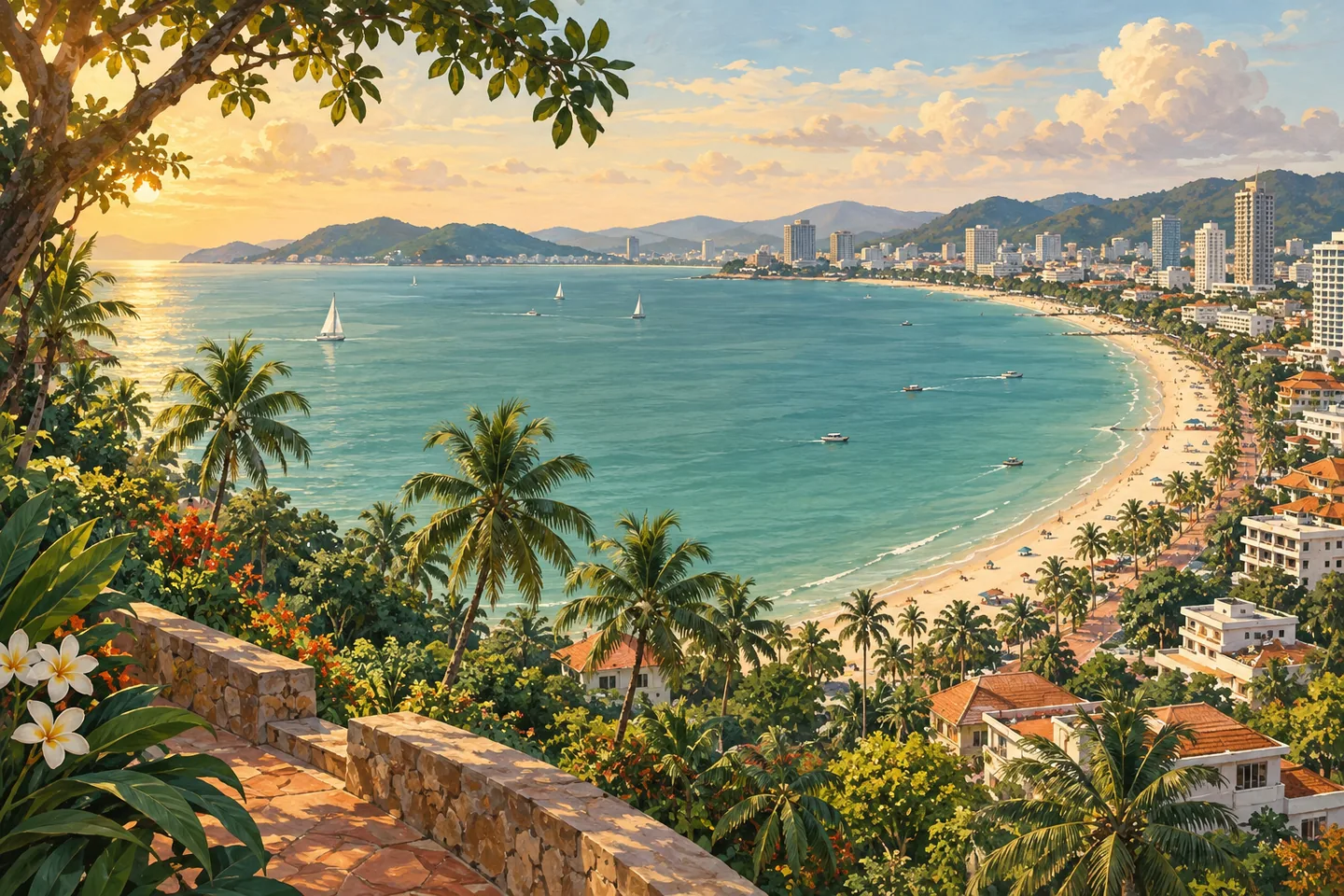 An illustrated Pattaya-inspired bay with green palms, a curving beach and jade sea